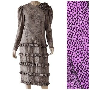 T7 80s VTG Jill Richards 100% Silk Ruffle Tiered Snake Print Dress Puff Sleeve